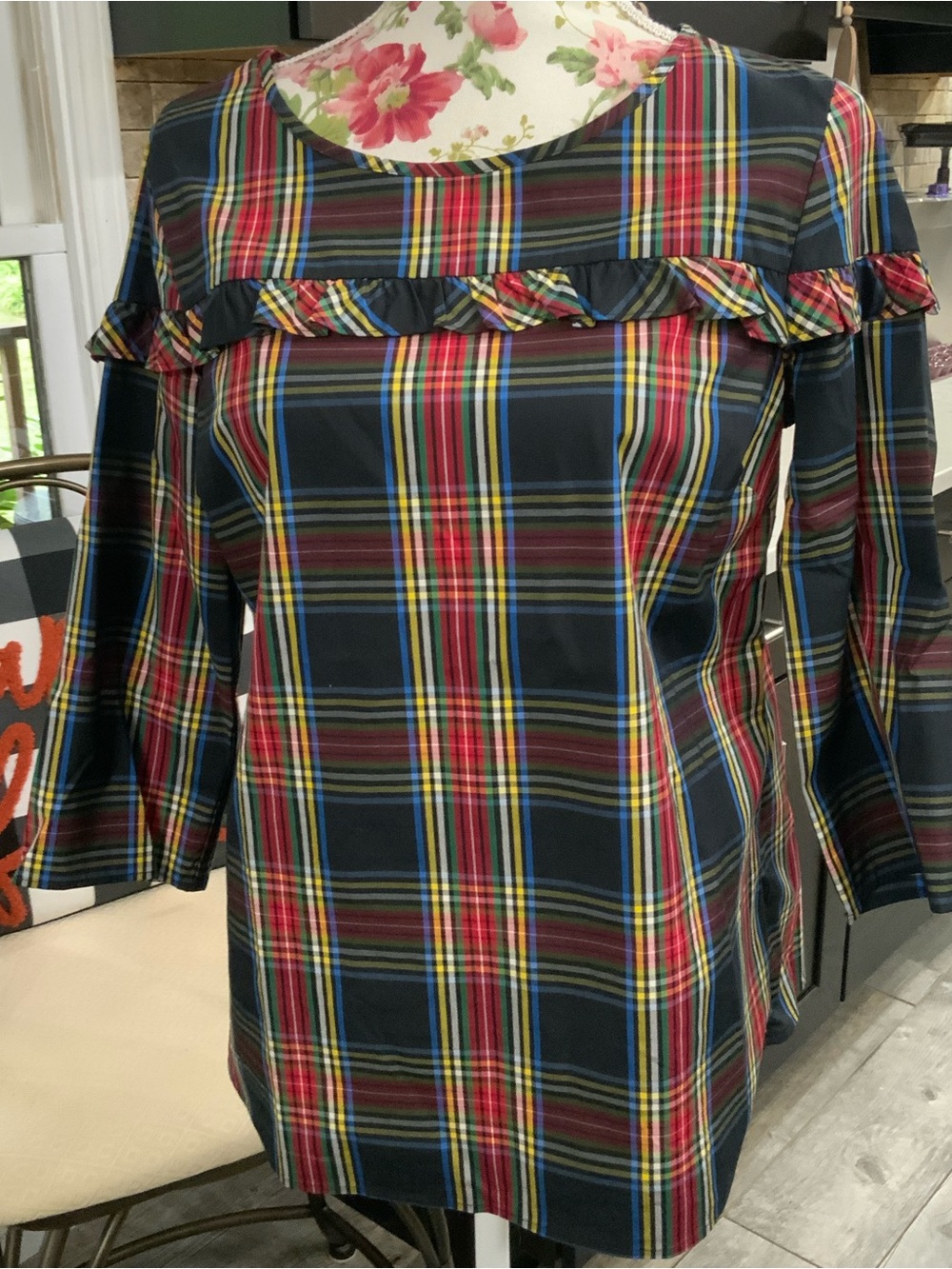 Talbots Petites Women’s MP Tartan Plaid Ruffle Blouse Red Preppy Holiday Classic